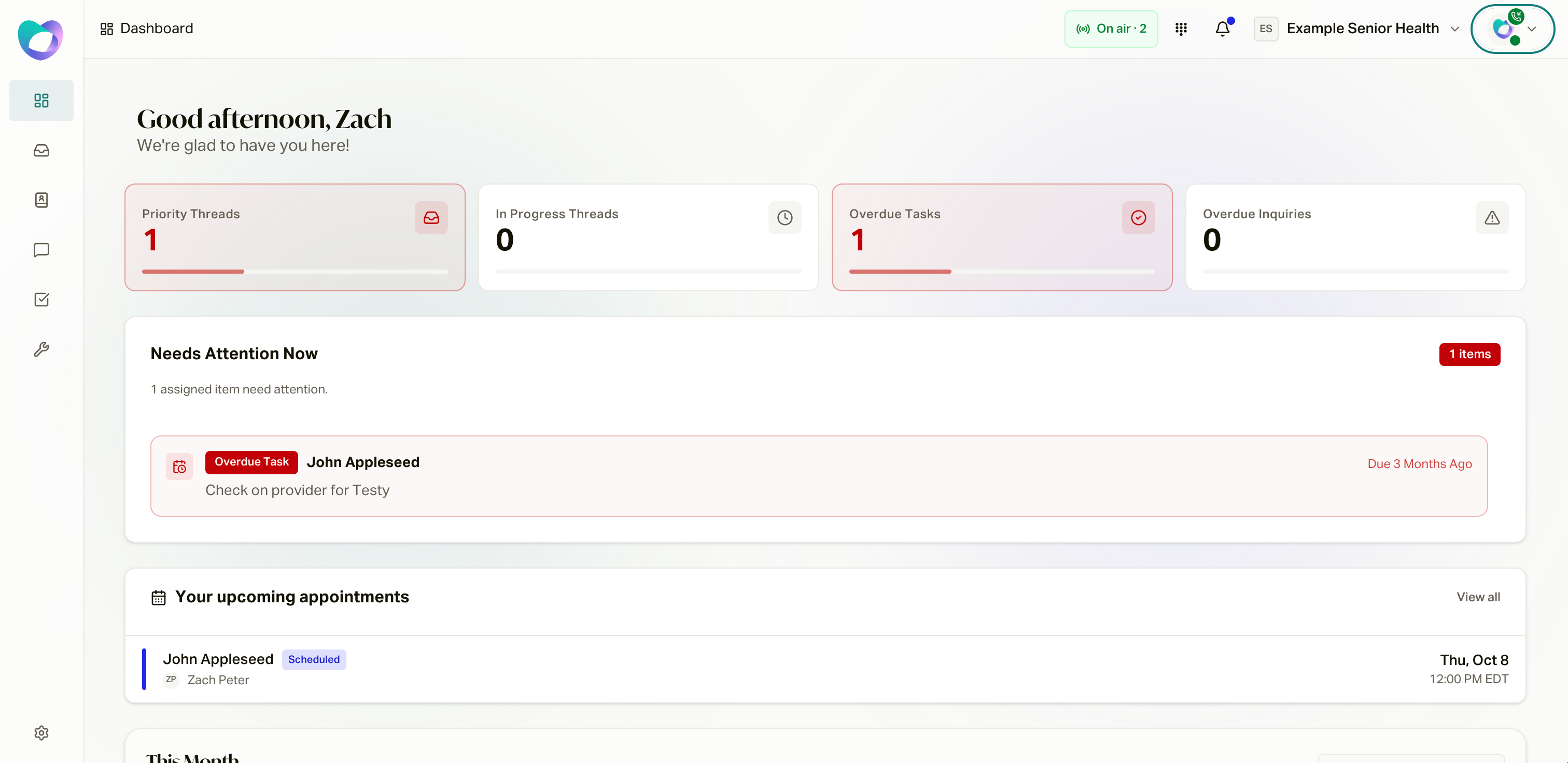 The agent dashboard: action items, Needs Attention Now, and upcoming appointments