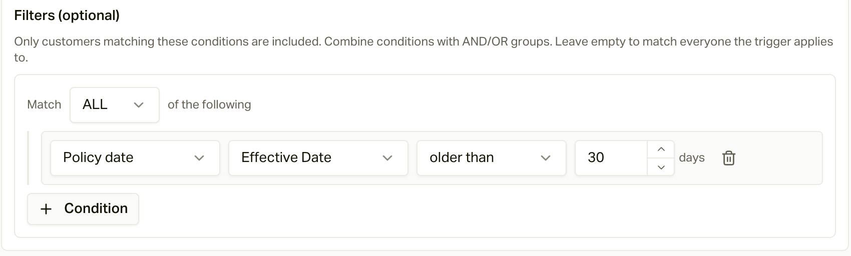 A Policy date filter: effective date older than 30 days