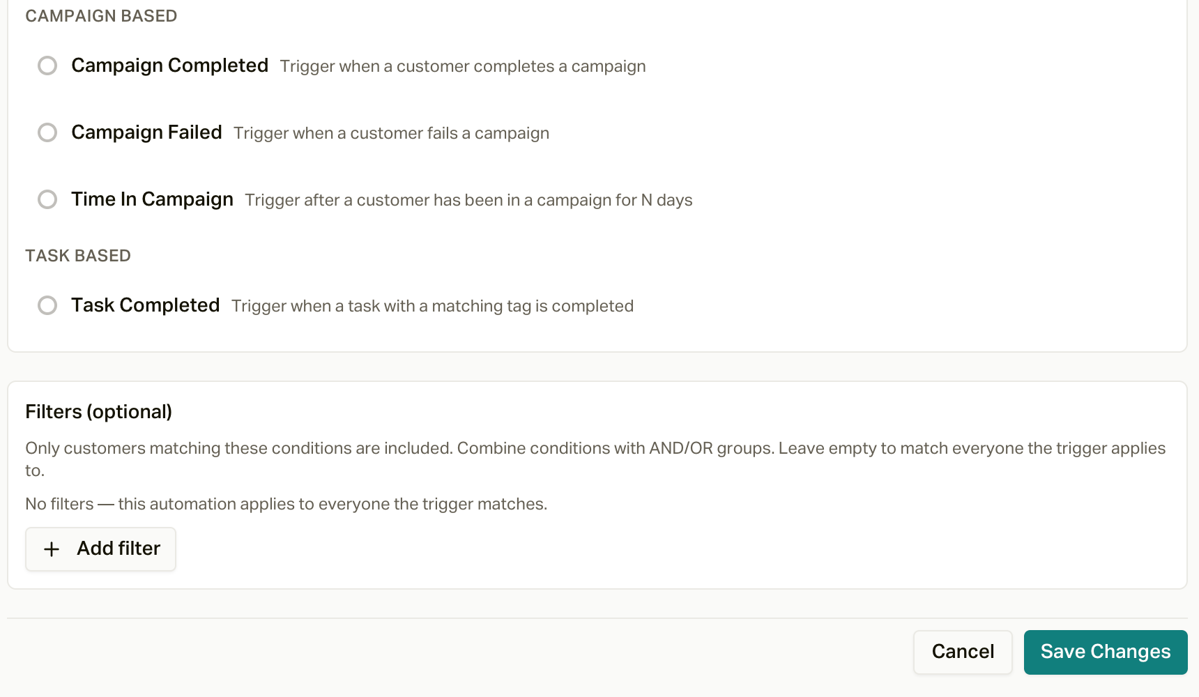 The bottom of the automation form: more triggers, Filters, and Save Changes