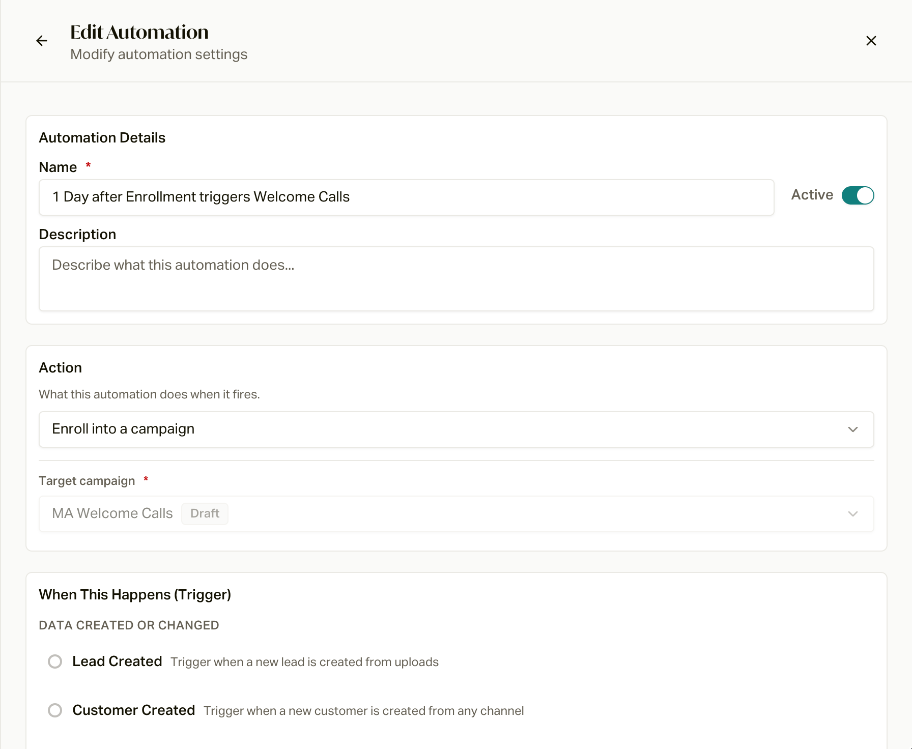 The Create Automation form with the Active switch, action, and trigger list