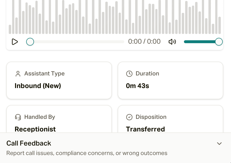 A call's detail: recording, assistant type, duration, who handled it, and the disposition
