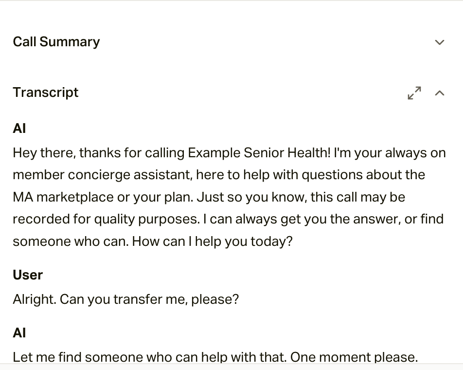 The call summary and transcript on a call's detail