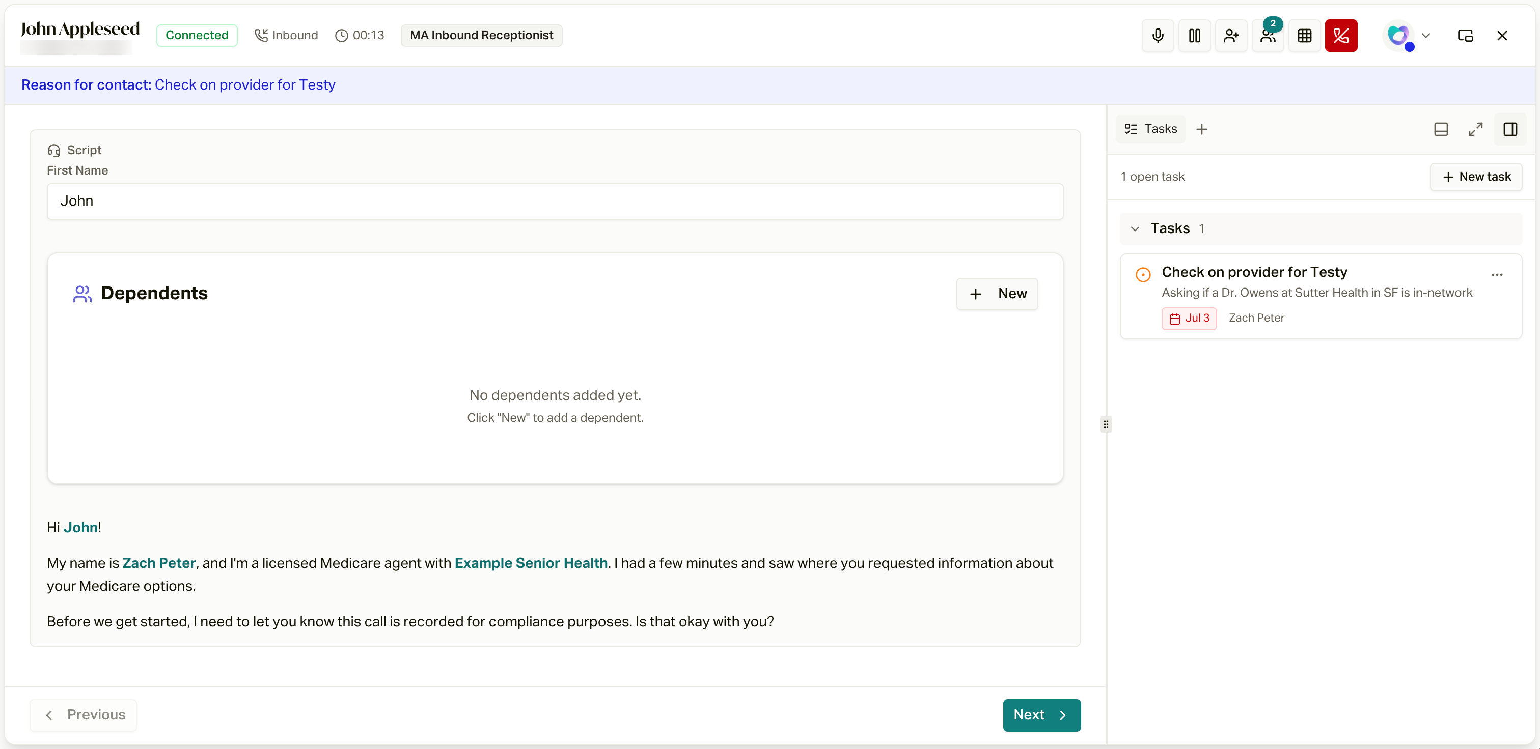 The call workspace: caller, status, timer, and campaign up top, the call form in the center, and panels on the right