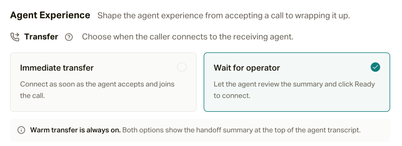 Transfer settings: Immediate transfer or Wait for operator