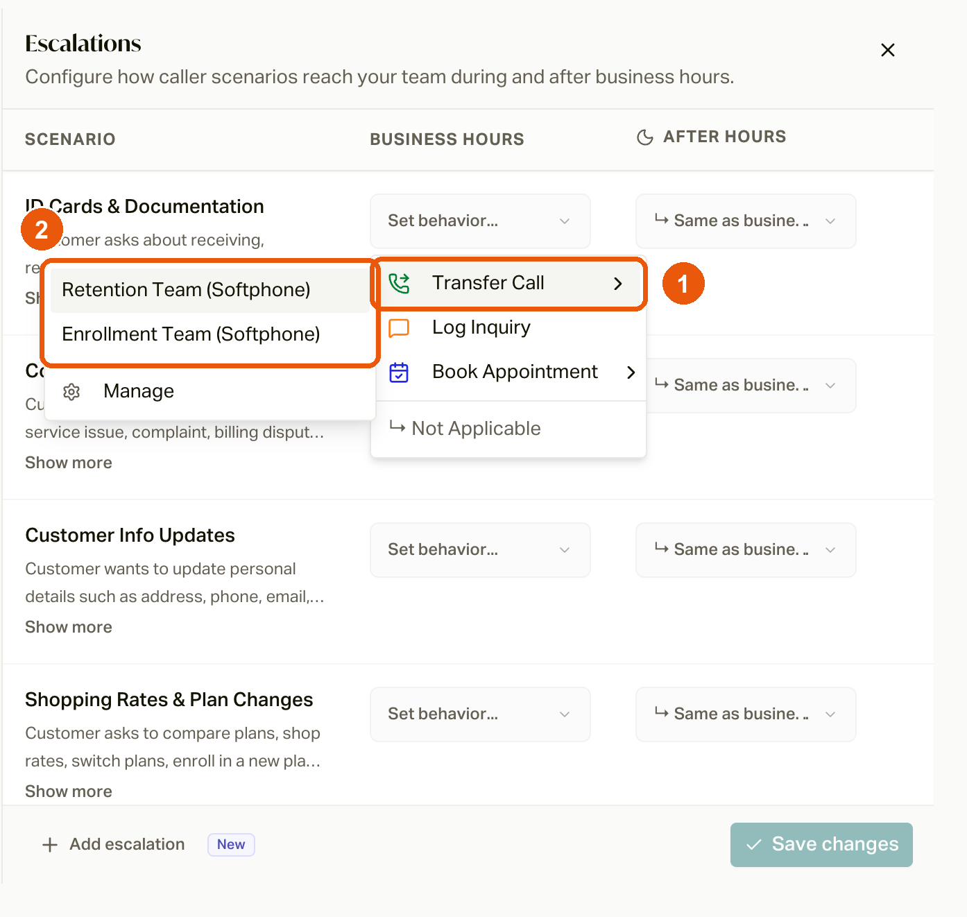 The Transfer Call submenu listing your routing groups and Manage