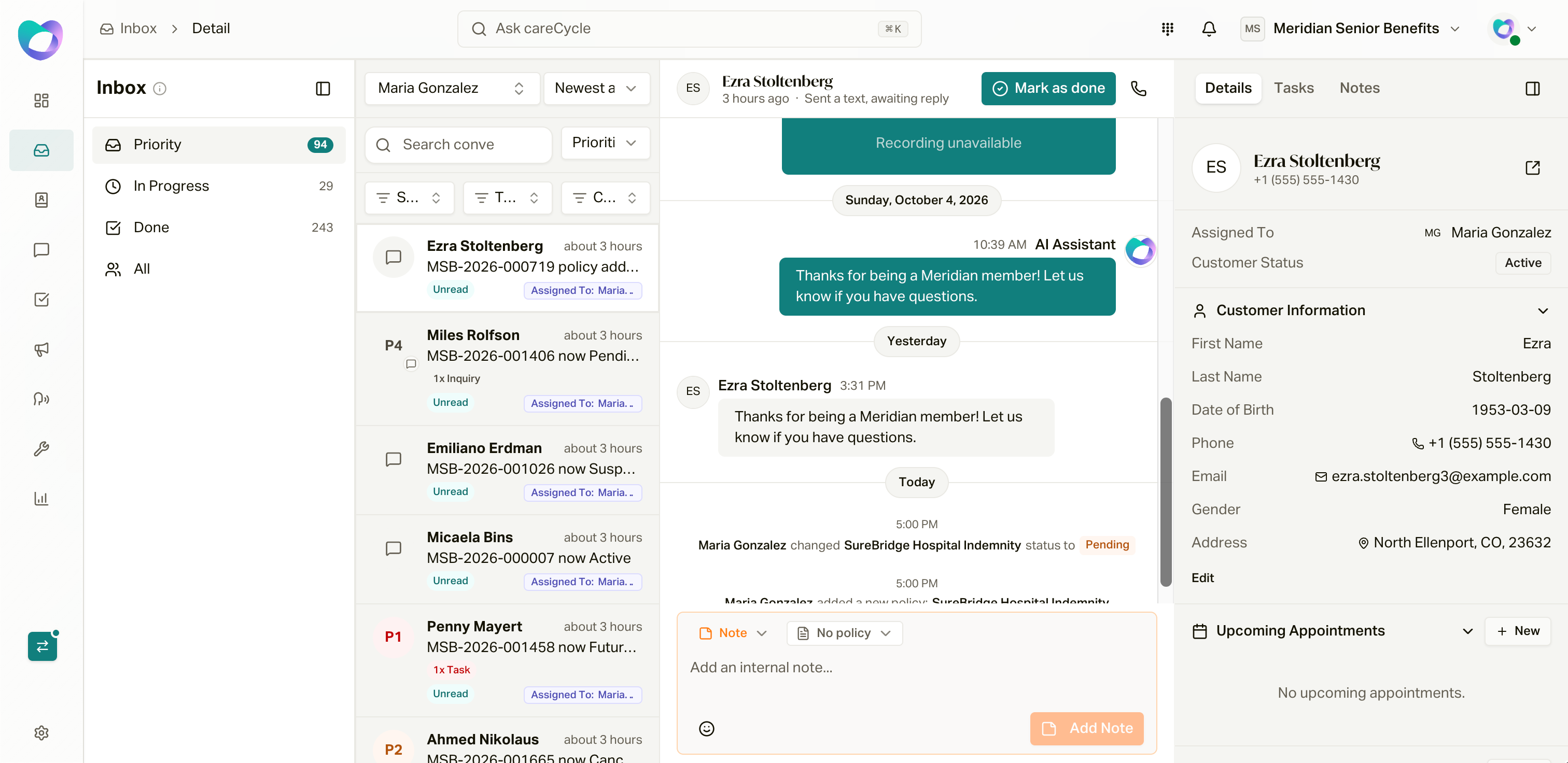 The Inbox with the Priority lane selected, a conversation open, and the customer's details on the right