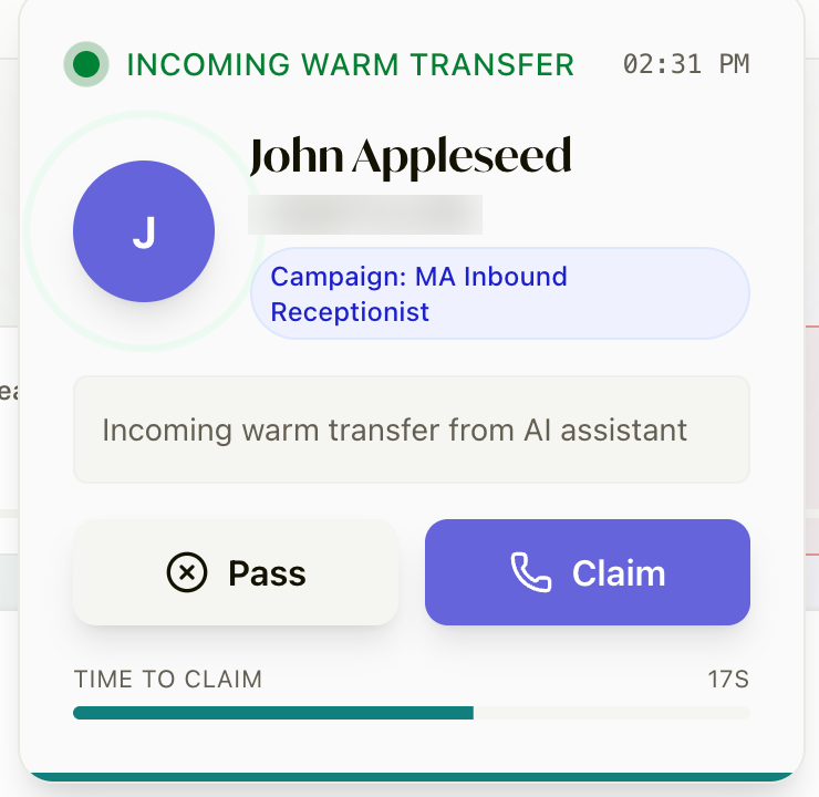 An incoming warm transfer card with Pass, Claim, and the Time to claim countdown
