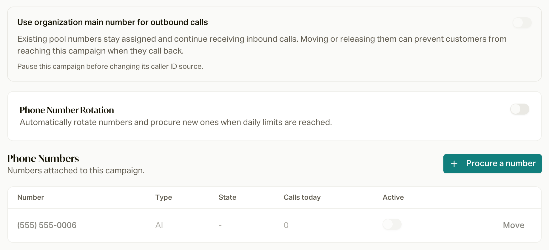 With the main number switch off, the campaign's own numbers and Phone Number Rotation
