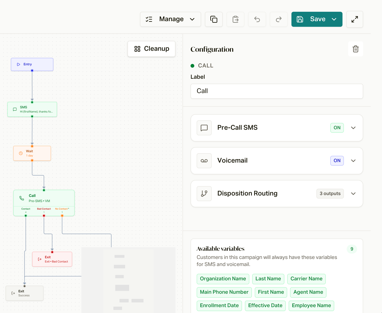 A Call node's settings in the Pulse editor: Pre-Call SMS, Voicemail, and Disposition Routing