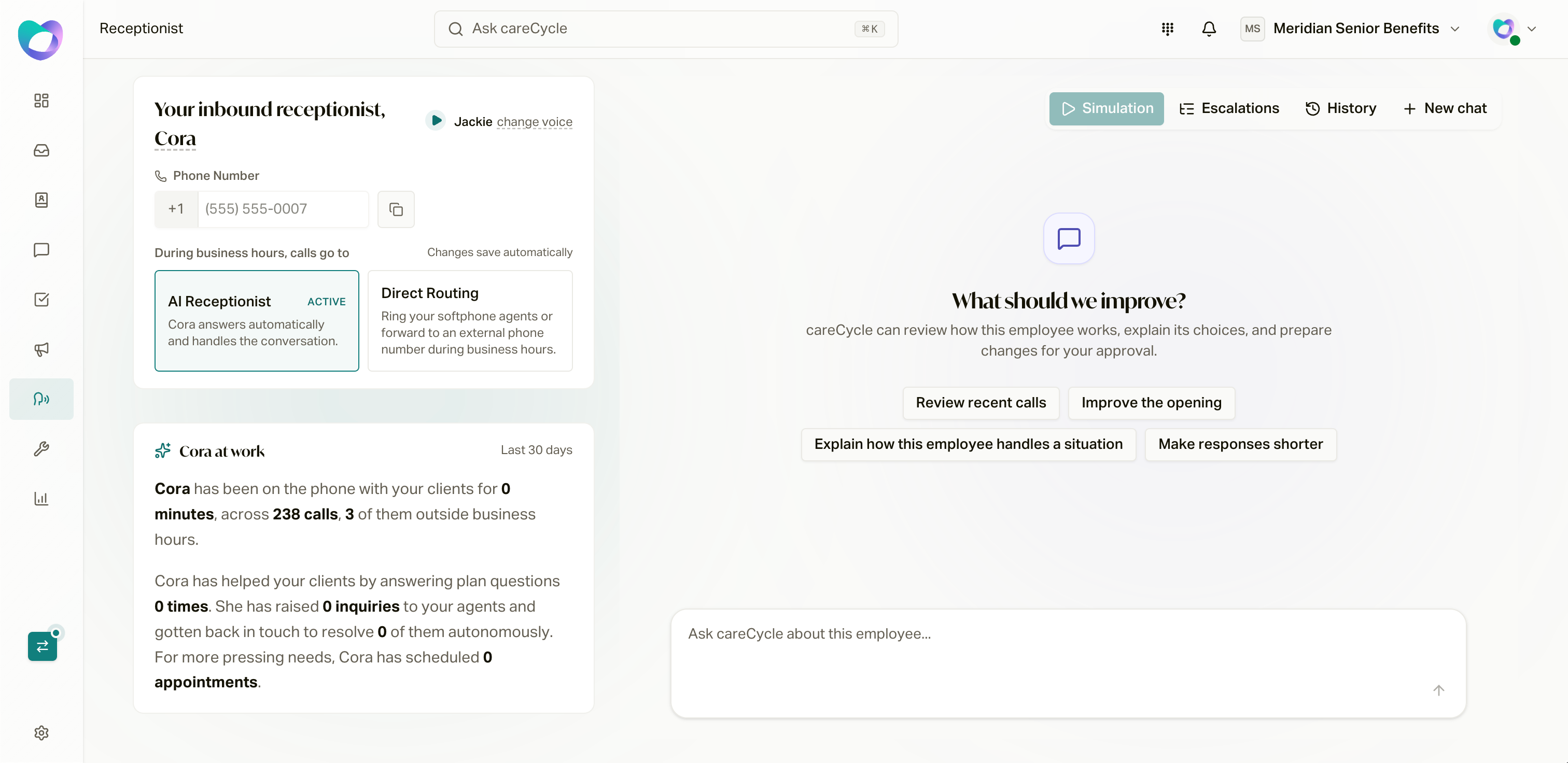The Receptionist page: name, voice, phone number, and where business-hours calls go