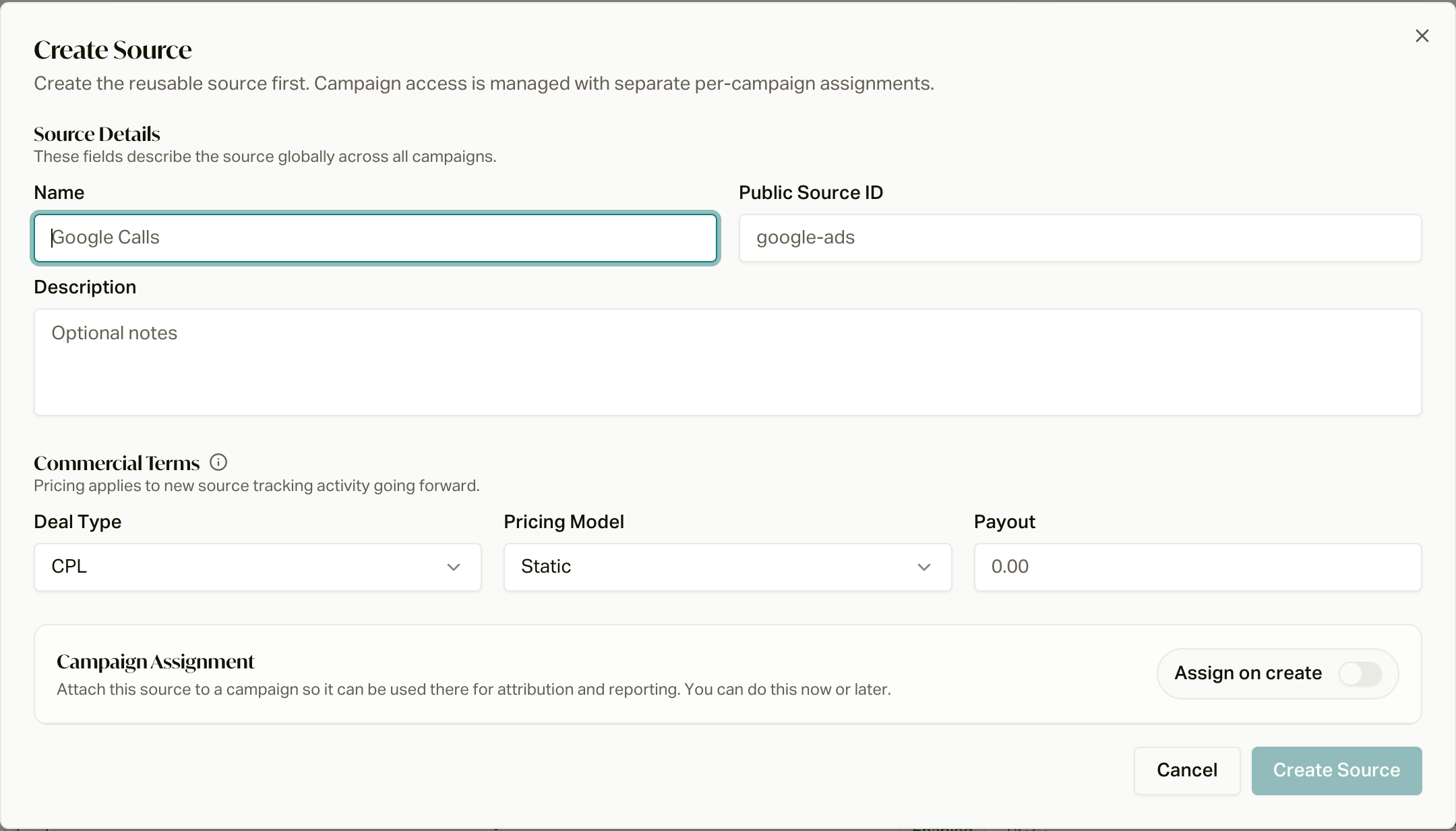 The Create Source dialog