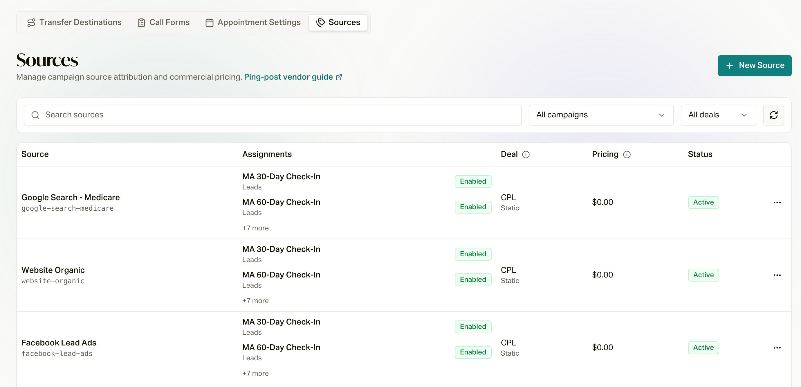 Configure > Sources, with each source's campaign assignments, deal, pricing, and status