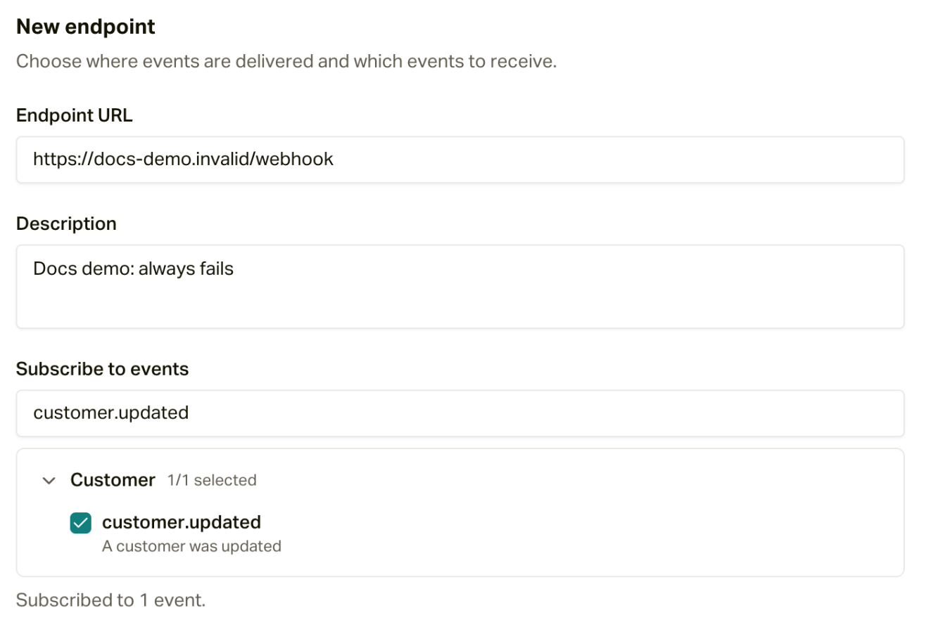 The New endpoint form, subscribed to customer.updated