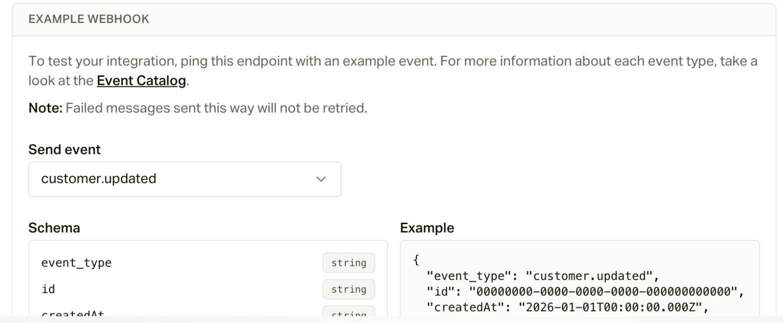 The Testing tab: pick an event, see its schema and example, and send it