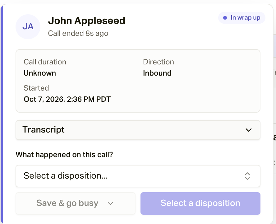 The wrap-up card, In wrap up, with the disposition picker