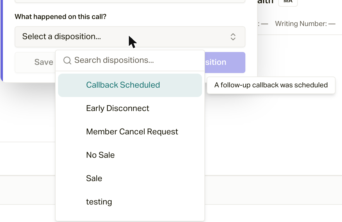 The disposition picker, with the description of Callback Scheduled on hover